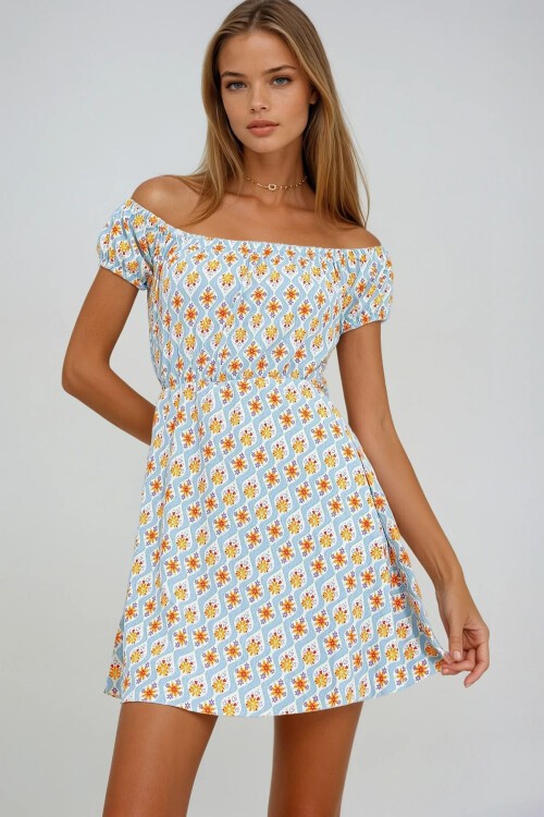 Mavi Turuncu Madonna Yaka Karpuz Kollu Desenli Krinkıl Örme Elbise