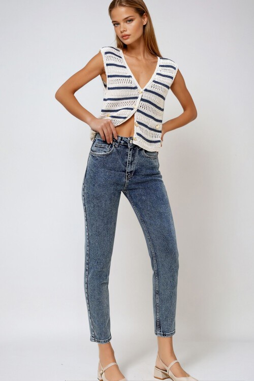 Mavi Yüksek Bel Mom Jean