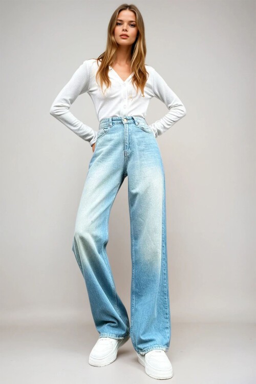 Mavi Yüksek Bel Wide Leg Jean