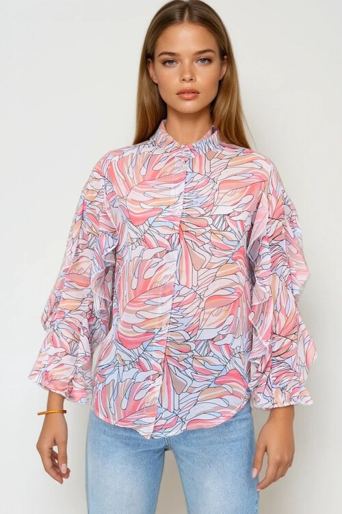 Pembe Hakim Yaka Kolları Volanı Desenli Şifon Gömlek