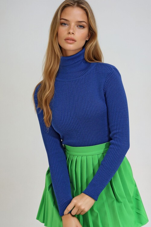 Saks Mavisi Balıkçı Yaka Fitilli Triko Kazak