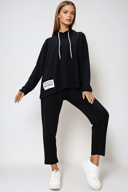 Siyah Arma Detaylı Kapüşonlu İki İplik Eşofman Takım