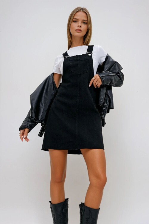 Siyah Askılı Cepli Jean Salopet
