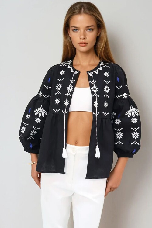 Siyah Balon Kol Nakışlı Ceket