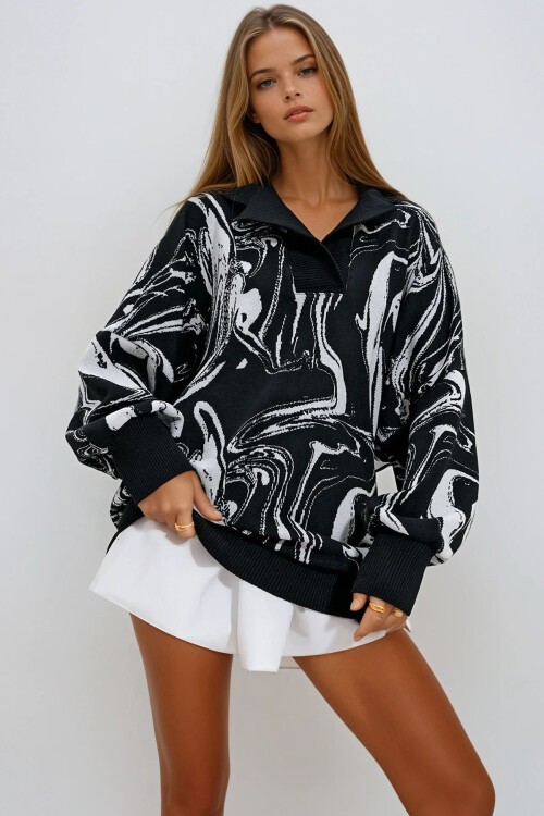 Siyah Beyaz Polo Yaka Desenli Triko Sweatshirt