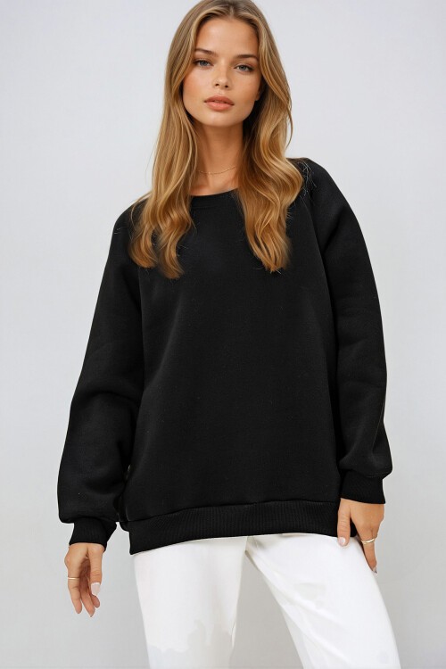 Siyah Bisiklet Yaka Reglan Kol Üç İplik Şardonlu Basic Sweatshırt