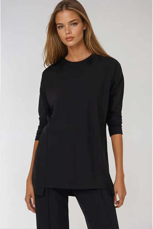 Siyah Bisiklet Yaka Yanları Yırtmaçlı Oversize Mevsimlik Basic Bluz