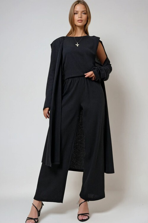 Siyah Çizgili Omzu Vatkalı Bisiklet Yaka Bluz Pantolon Ve Hırkalı Set Takım