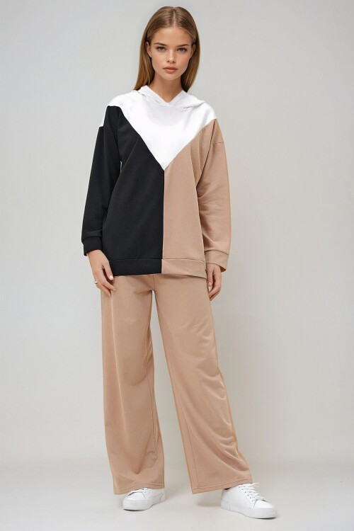 Siyah Ekru Kapüşonlu Renk Bloklu İki İplik Alt Üst Takım