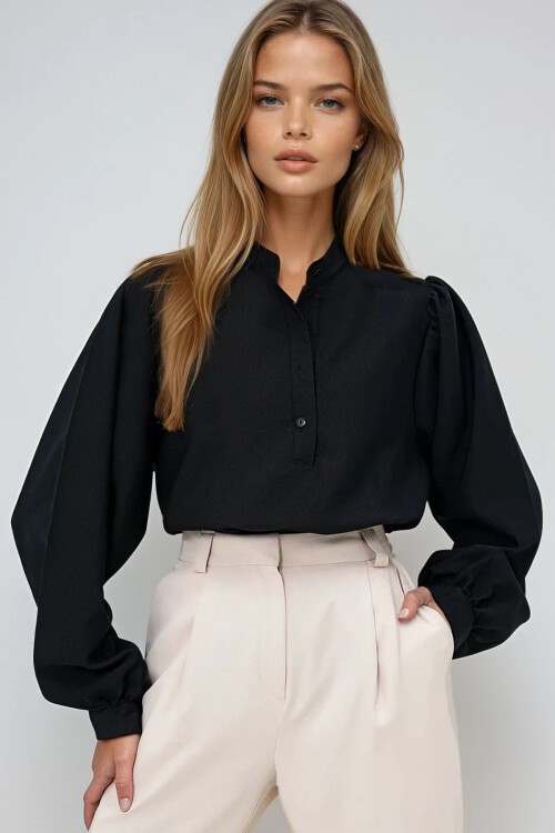 Siyah Hakim Yaka Yarım Pat Balon Kol Poplin Dokuma Gömlek