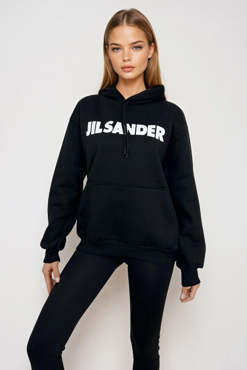 Siyah Kapüşonlu Kanguru Cepli 3 İplik İçi Şardonlu Önü Baskılı Oversize Sweatshirt