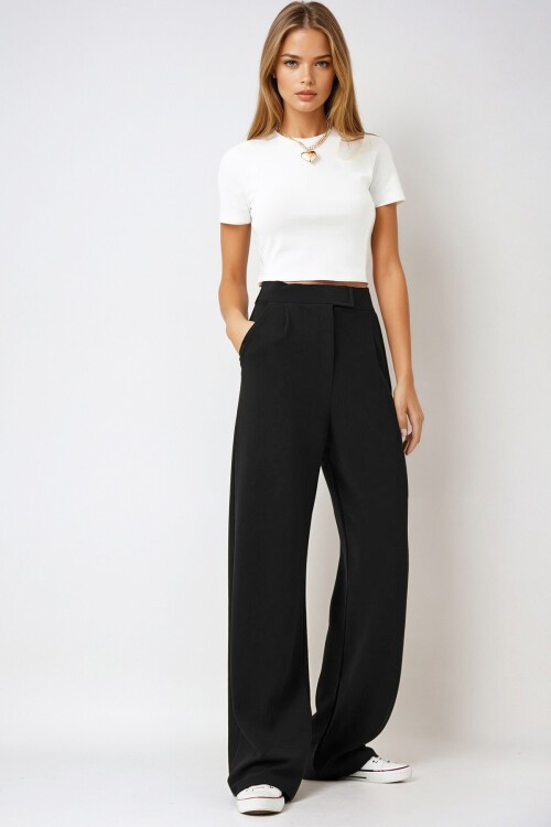 Siyah Likralı Cırt Kapamalı Çift Cepli Palazzo Pantalon