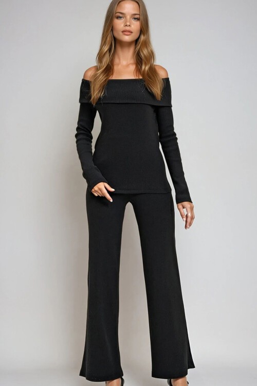 Siyah Madonna Yaka Kaşkorse Bluz Ve Pantolon Takım