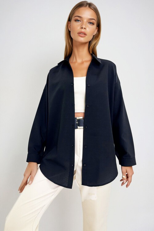 Siyah Oversize Uzun Dokuma Gömlek