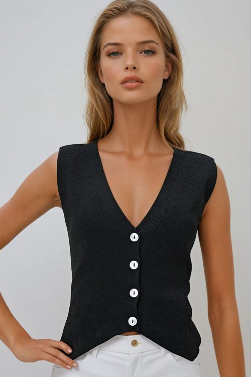 Siyah V Yaka Düğmeli Yazlık Triko Yelek