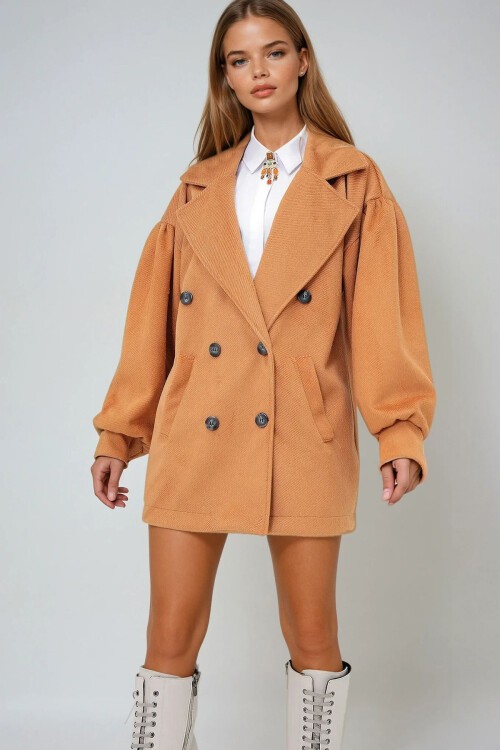 Taba Kruvaze Yaka Balon Kol Kaşe Kaban