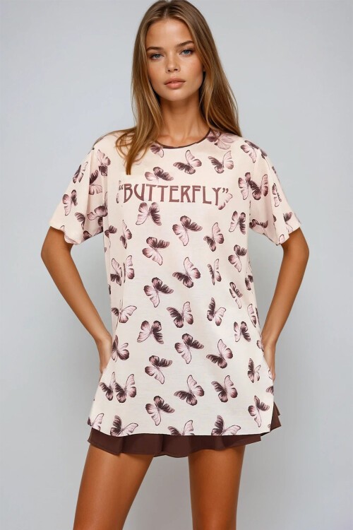 Taş Bisiklet Yaka Dijital Baskılı Yanı Yırtmaçlı T Shirt