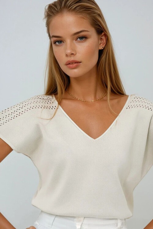 Taş Ön Arka V Yaka Omuzu Ajurlu Triko Bluz