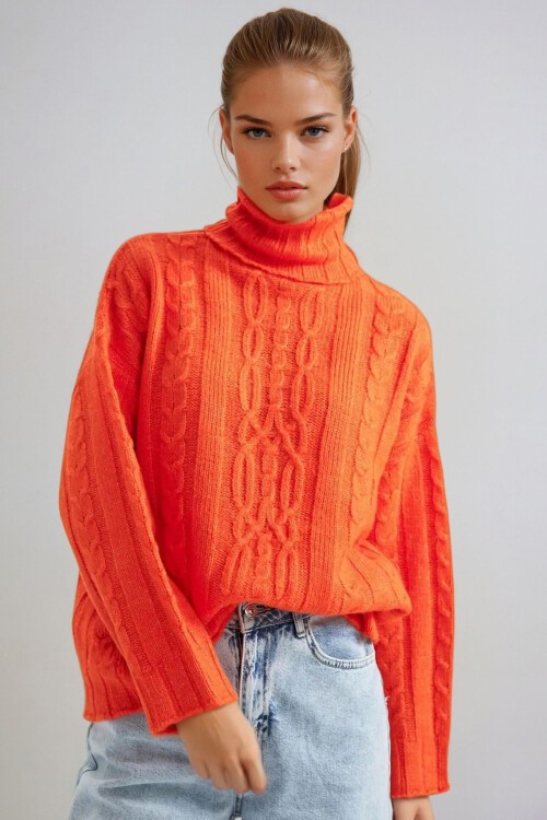 Turuncu Boğazlı Örgülü Triko Kazak