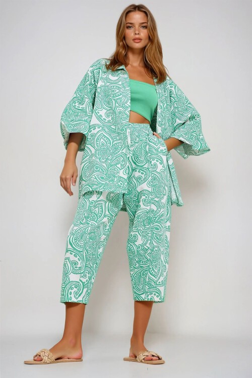 Yeşil Desenli Kimono Ceket Ve Pantolonlu Keten Dokuma Alt Üst Takım