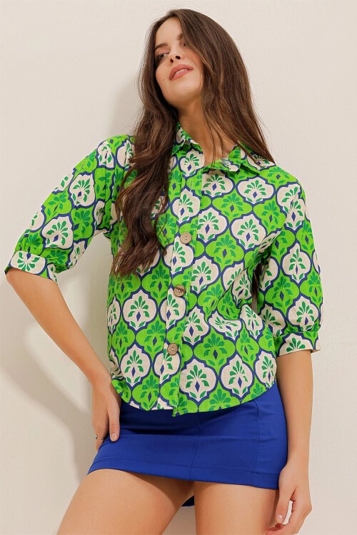 Yeşil Karpuz Kollu Çini Desenli Gömlek