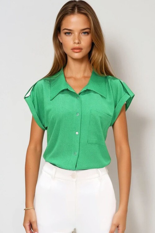 Yeşil Manşetli Duble Kısa Kollu Dokulu Gömlek