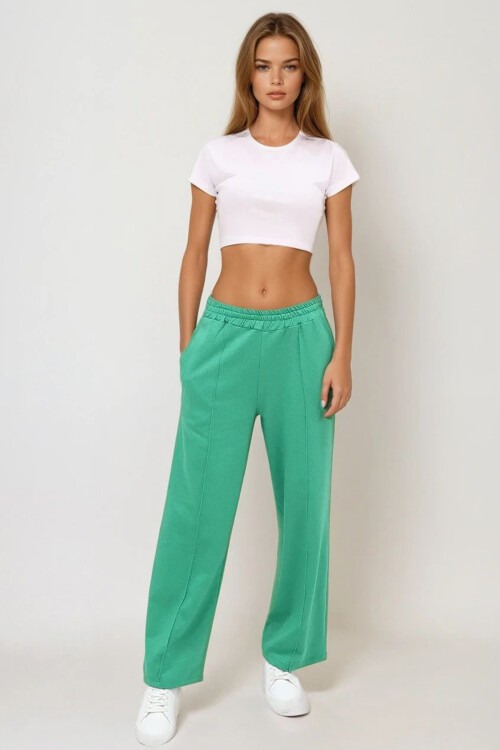 Yeşil Yüksek Bel Önü Çimalı Bol Paça Çift Cepli Eşofman Altı