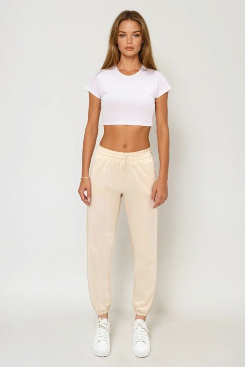 Açık Bej Beli Ve Paçası Lastikli Basic Eşofman Altı