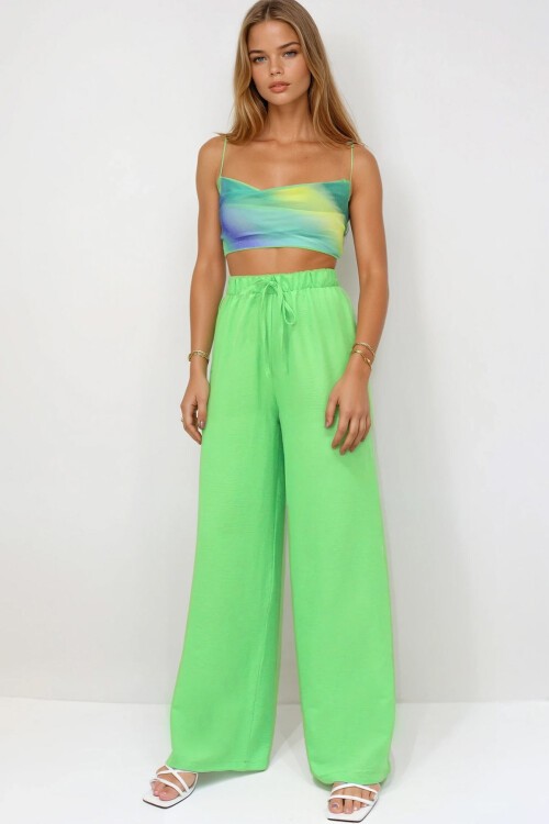 Açık Yeşil Bağcıklı Beli Lastikli Aerobin Palazzo Pantolon