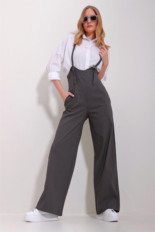 Antrasit Çift Cepli Askılı Likralı Salopet Tulum