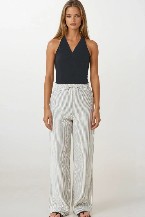 Antrasit Çift Cepli Çizgili Müslin Palazzo Pantolon