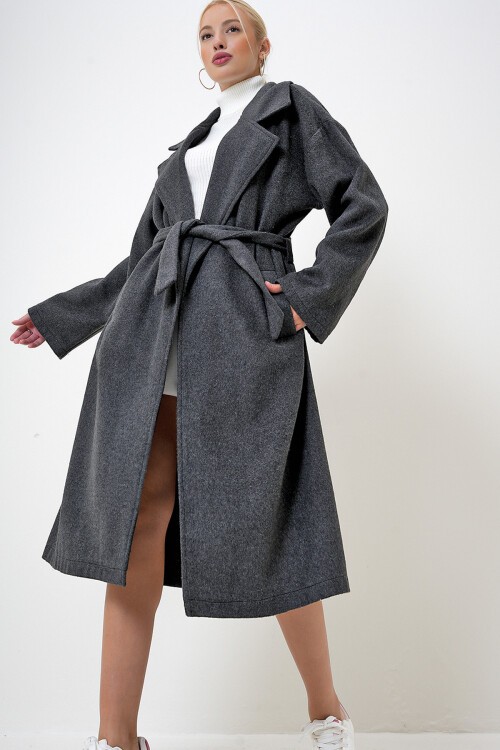 Antrasit Çift Cepli İçi Astarsız Kendinden Kemerli Kaşe Kaban