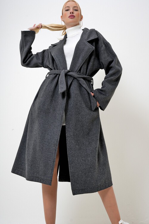 Antrasit Çift Cepli İçi Astarsız Kendinden Kemerli Kaşe Kaban