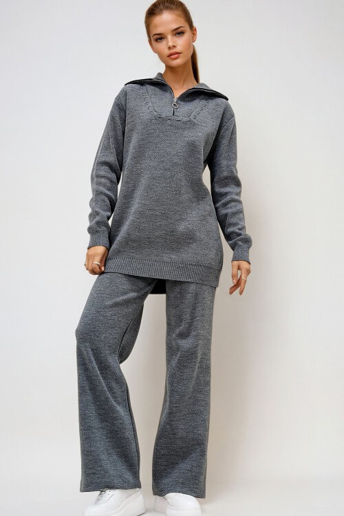 Antrasit Denizci Yaka Çoban Dikişli Triko Kazak Ve Beli Lastikli Yüksek Bel Pantolon İkili Takım