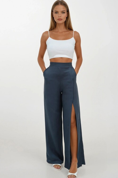 Antrasit Yırtmaç Detaylı Çift Cepli Beli Lastikli Müslin Palazzo Pantolon