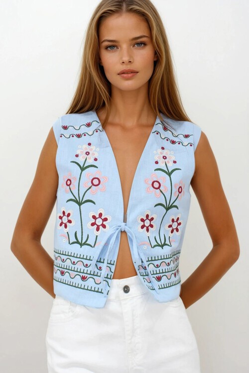 Bebe Mavi Nakışlı Bağcık Detaylı Tasarım Ham Keten Yelek