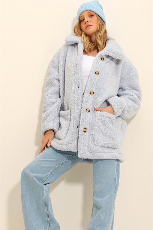 Bebe Mavi Polo Yaka Çift Cepli Önü Düğmeli Peluş Kaban