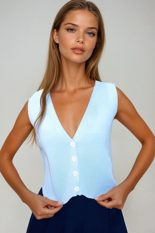 Bebe Mavi V Yaka Düğmeli Yazlık Triko Yelek