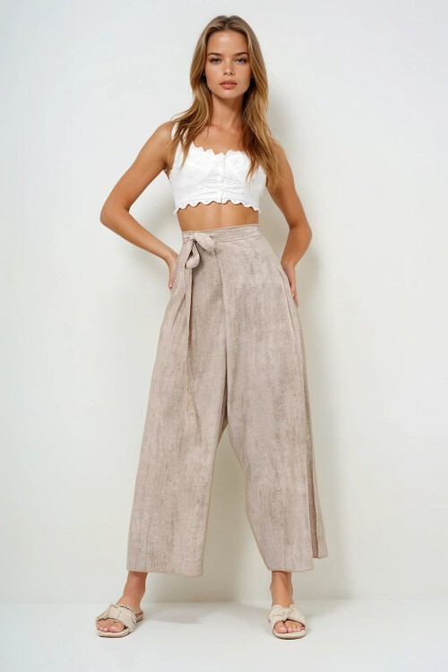 Bej Bağlama Detaylı Şalvar Kesim Aerobin Pantolon