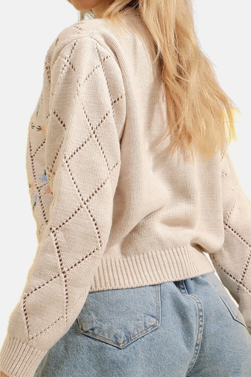 Bej Baklava Desenli Çiçek Nakışlı Triko Hırka