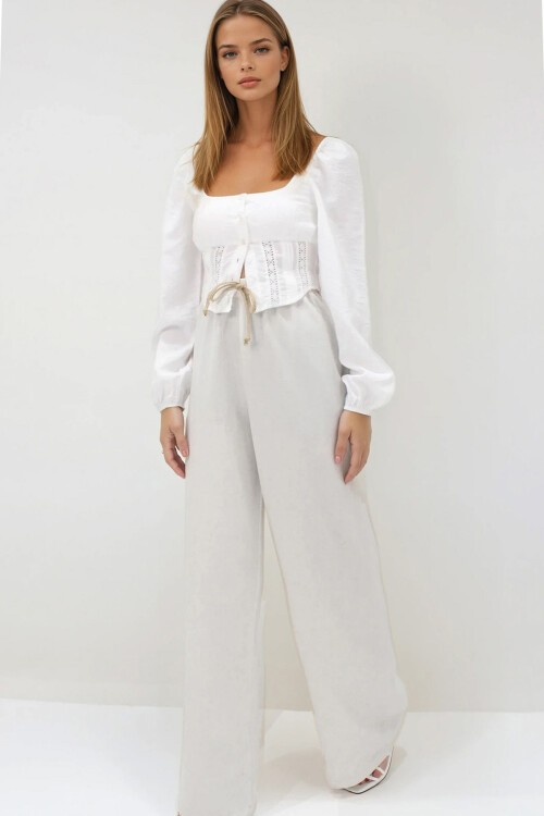 Bej Beli Lastikli Bağcıklı Keten Palazzo Pantolon