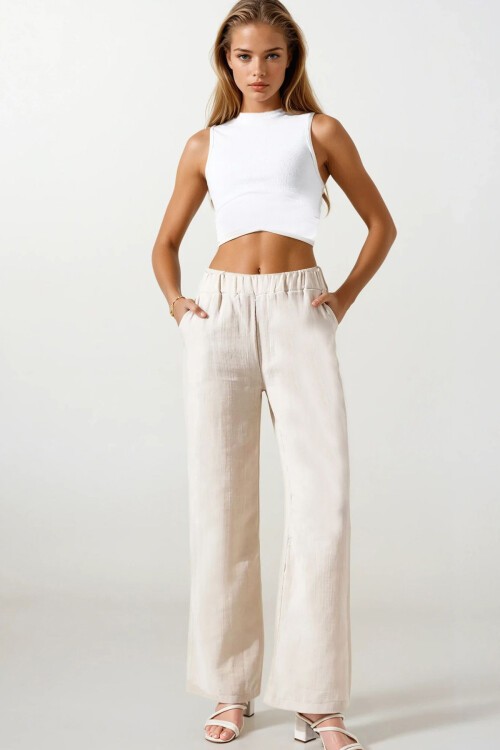 Bej Çift Cepli Beli Lastikli Müslin Palazzo Pantolon