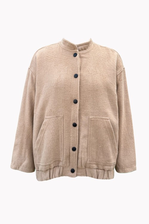 Bej Çift Cepli Çıt Çıt Kapamalı Kaşe Mont