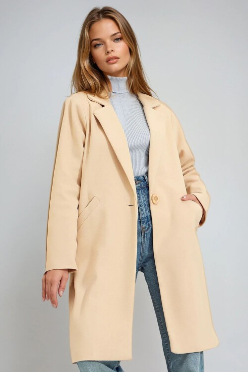 Bej Çift Cepli İçi Astarlı Kışlık Kaşe Kaban