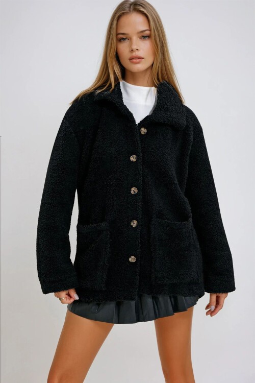 Bej Çift Cepli Önü Düğmeli Şal Yaka Peluş Ceket