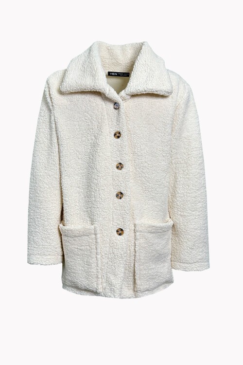 Bej Çift Cepli Önü Düğmeli Şal Yaka Peluş Ceket