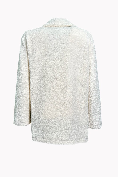 Bej Çift Cepli Önü Düğmeli Şal Yaka Peluş Ceket