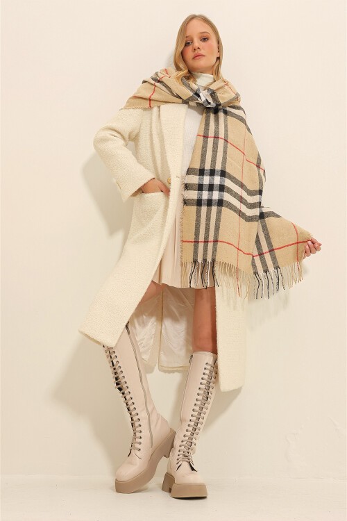 Bej Ekose Desenli Şal