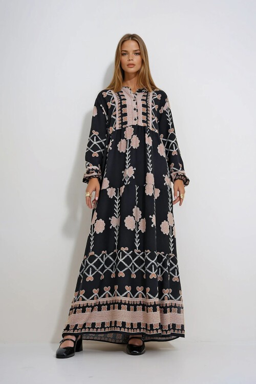 Bej Hakim Yaka Önü Düğmeli Desenli Dokuma Viskon Tesettür Elbise