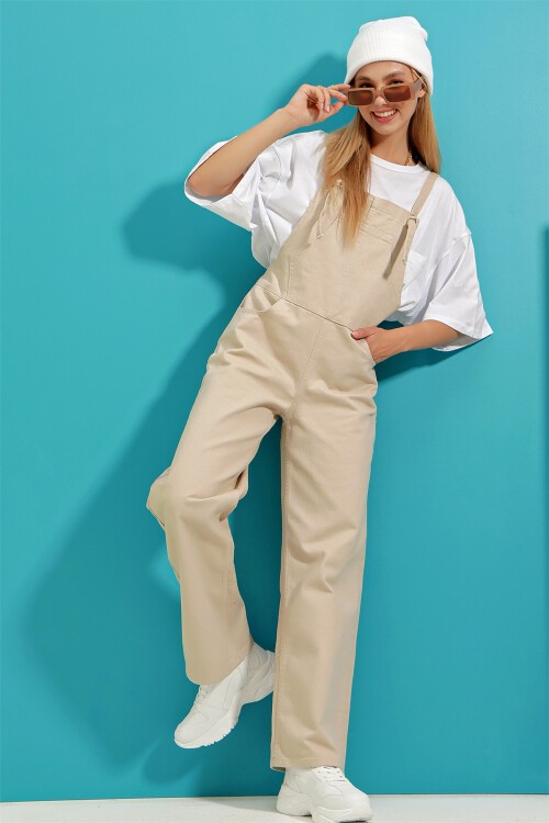 Bej Kanguru Cepli Denim Bahçıvan Salopet